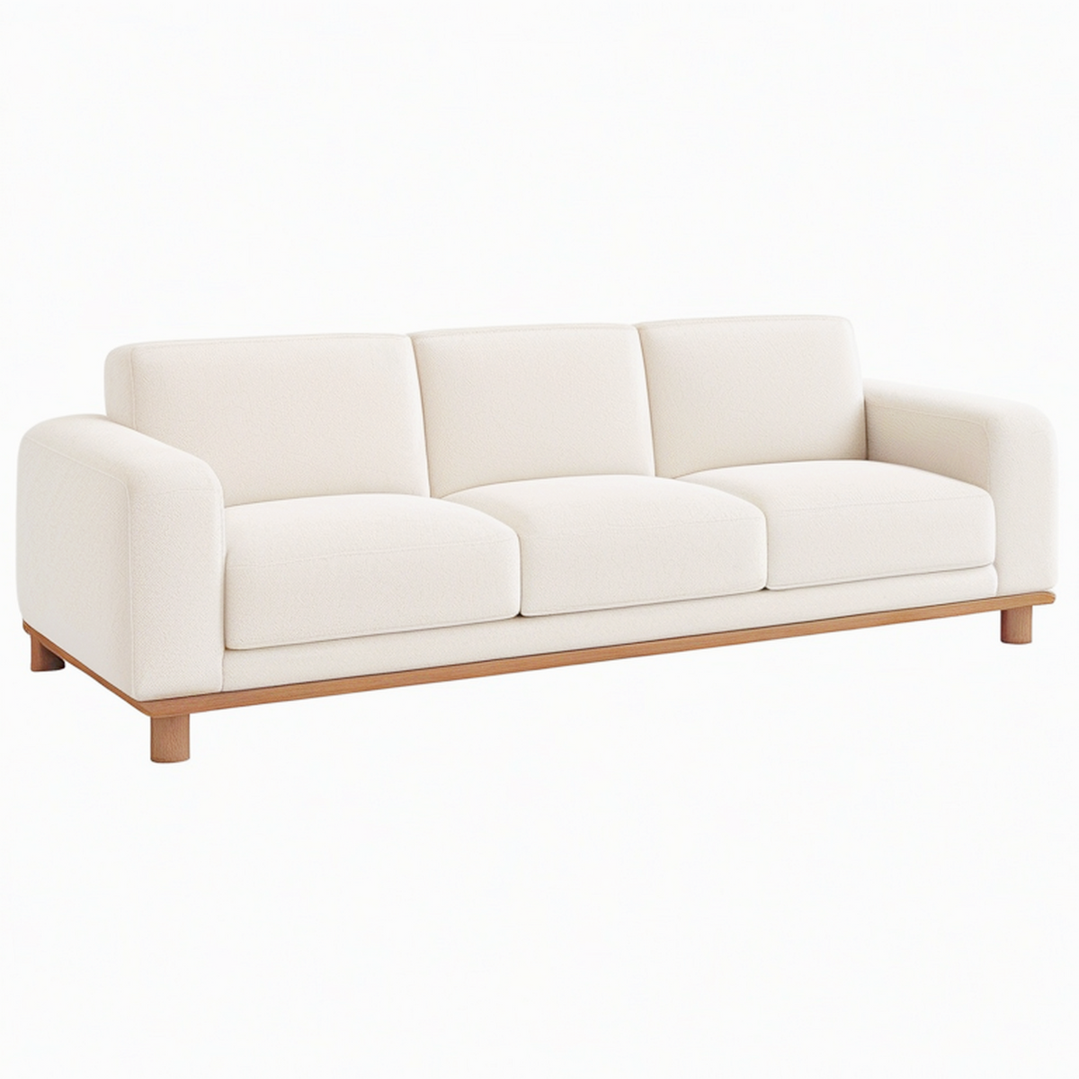Canapé 3 places 220 cm tissu écru piètement bois style contemporain