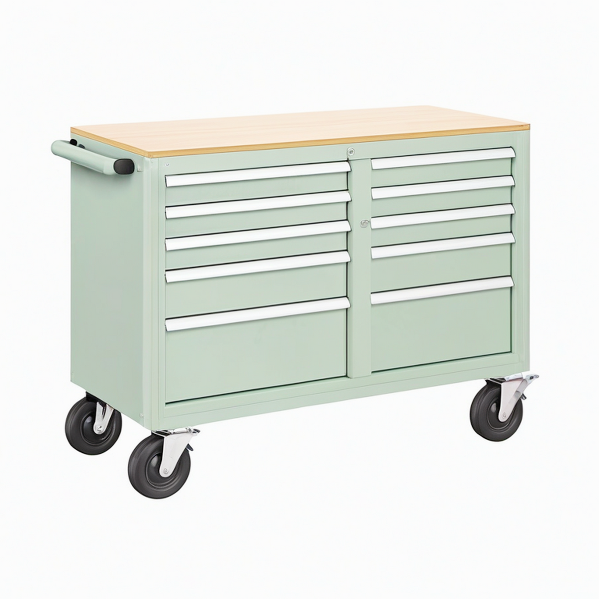 Servante d atelier 112 x 55 x 90 cm en métal vert menthe avec plateau bois et tiroirs mobiles