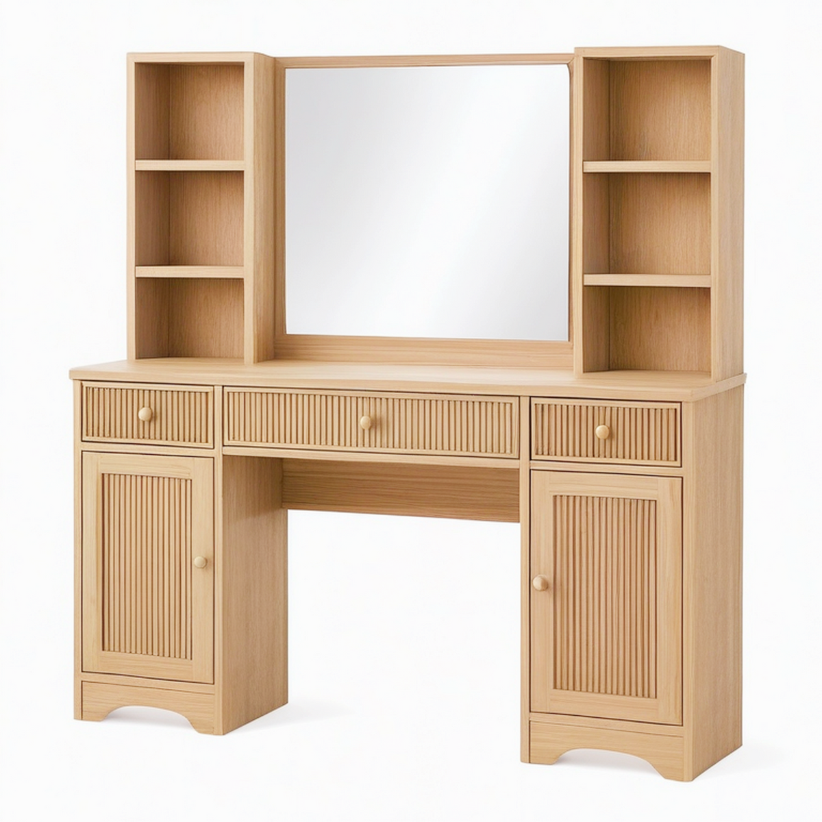 Coiffeuse 120 x 45 x 180 cm en panneaux aspect chêne avec miroir et rangements style classique