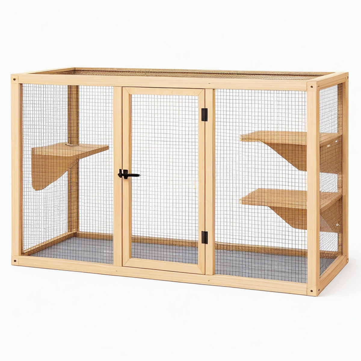 Cage pour chat 120 x 60 x 90 cm en bois naturel avec grillage métallique et plateformes