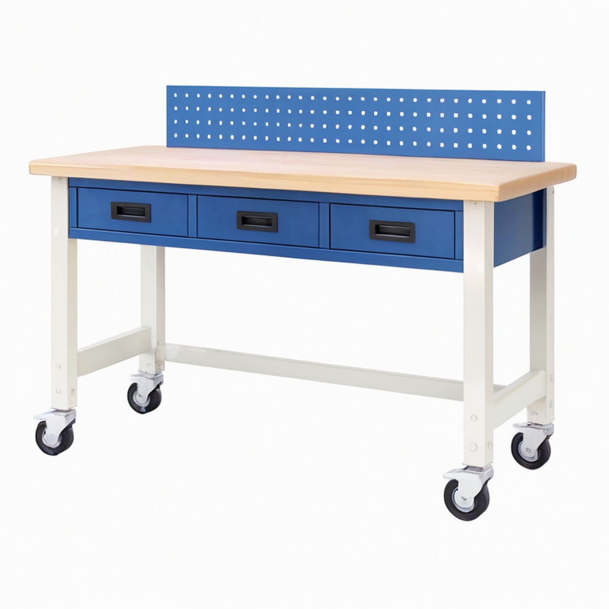 Établi d'atelier 152 x 61 x 155 cm en acier et bois bleu avec 3 tiroirs sur roulettes