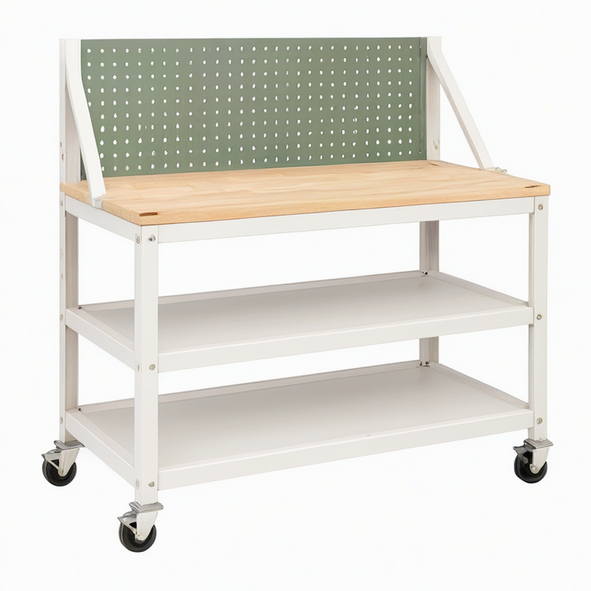 Établi roulant 120 x 60 x 110 cm en acier et bois naturel avec panneau perforé